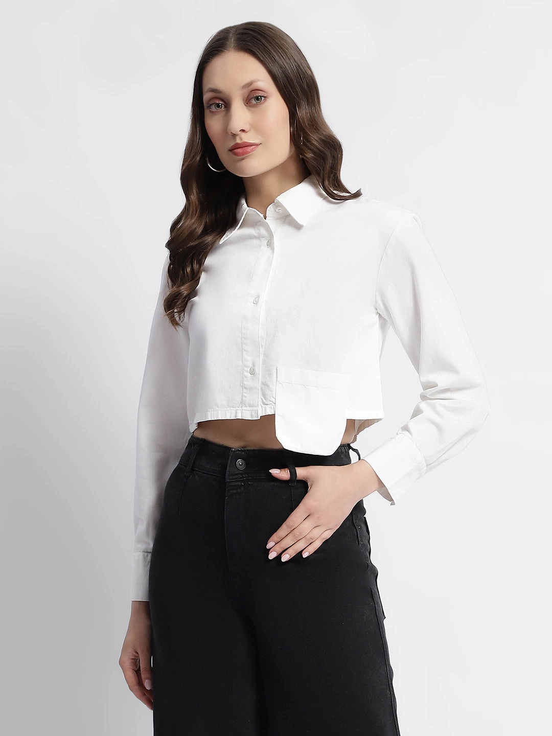 Luxurious Feel Cocktail Party Madame White Front Flap Pocket Crop Shirt