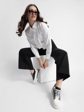 Madame White Front Flap Pocket Crop Shirt Stylish Comfort Flexible Movement