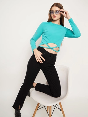 Heather Effect Finish SweatWicking Fabric Madame Women Solid Aqua Top