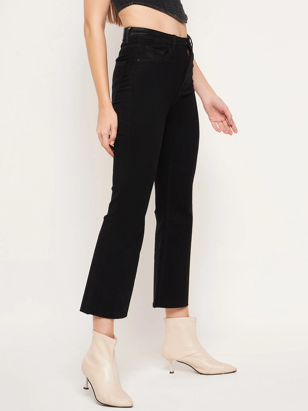 Madame Women Solid Black Jeans Raw Hem Design