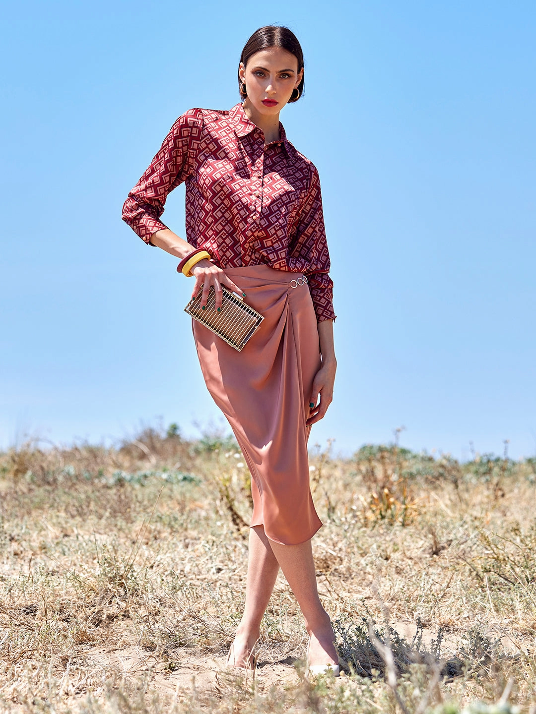 Madame Women Solid Camel Skirt Hand Painted Waist Defining