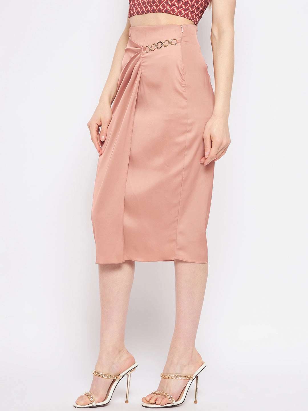Madame Women Solid Camel Skirt Non Restrictive Designer Inspired