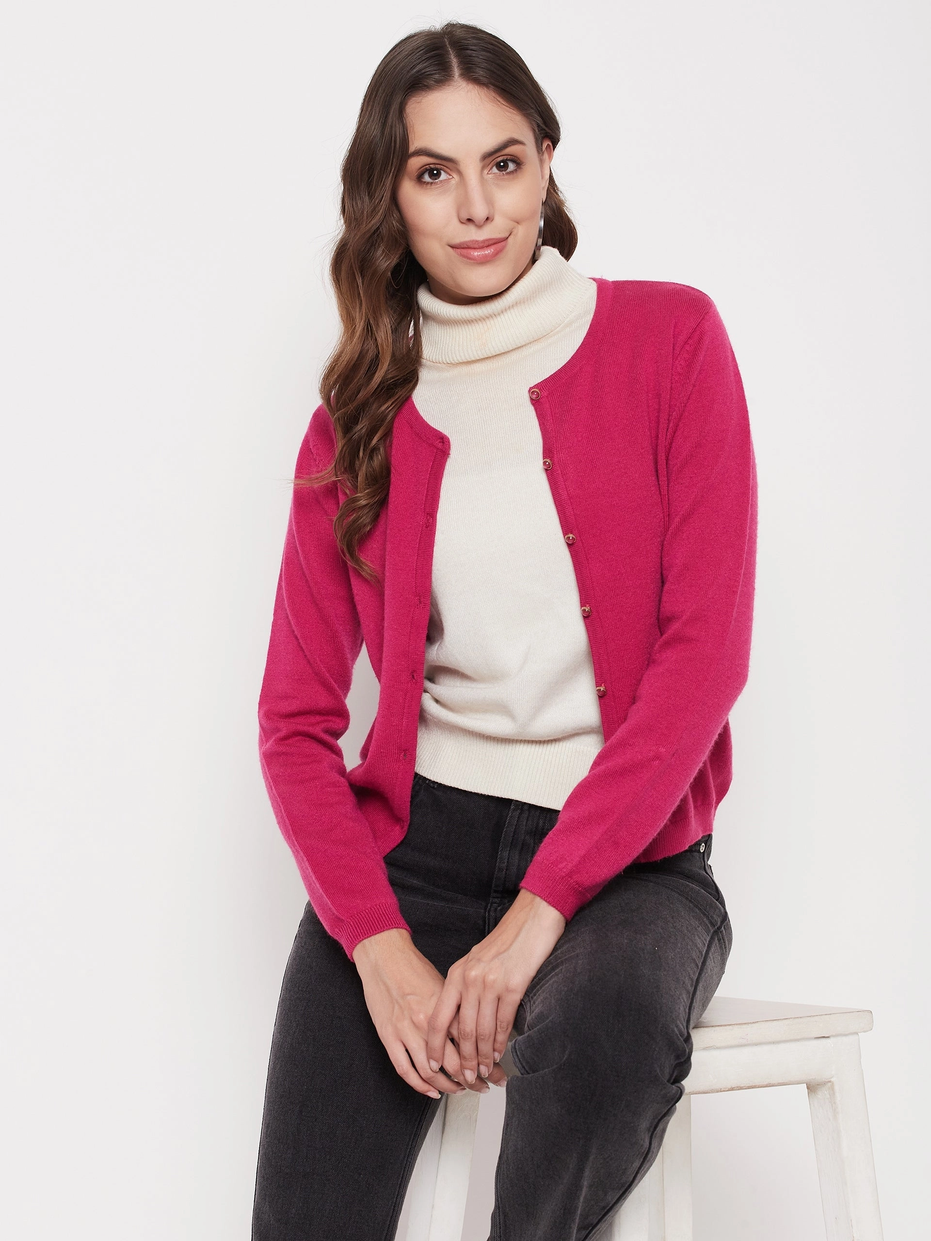 Madame Women Solid Fuschia Cardigans AirflowOptimized Design ButtonFront