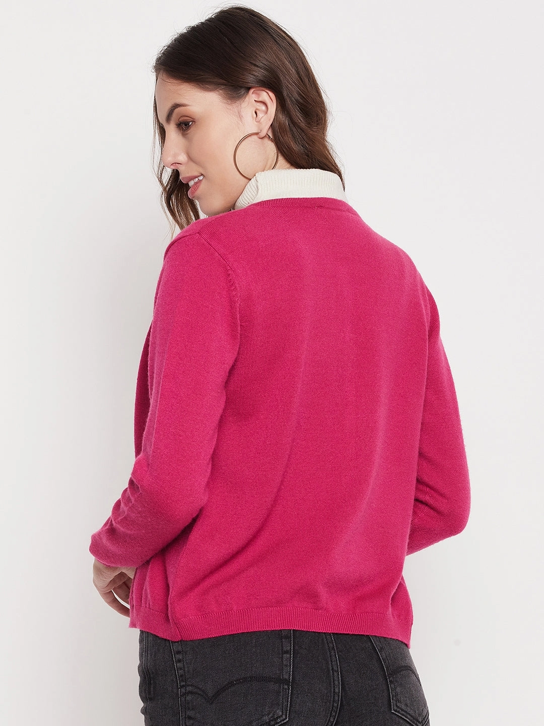 Madame Women Solid Fuschia Cardigans Retro Style