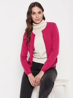 Madame Women Solid Fuschia Cardigans AirflowOptimized Design ButtonFront