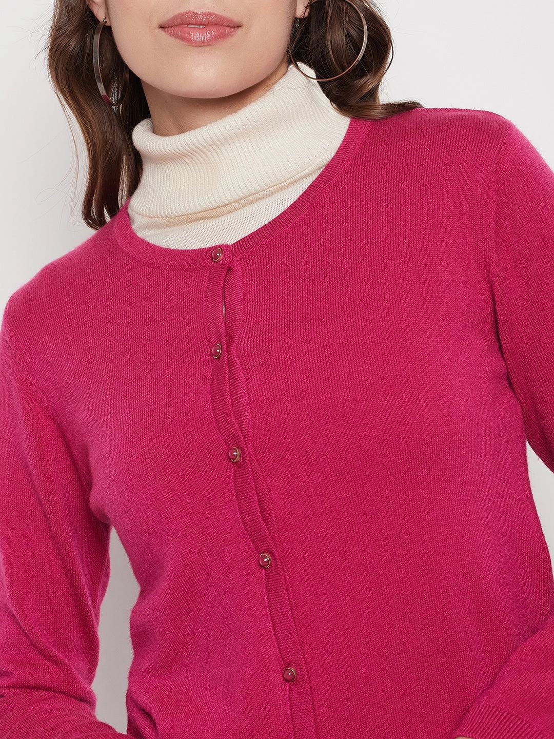 Tear Resistant Fiber Blend Madame Women Solid Fuschia Cardigans