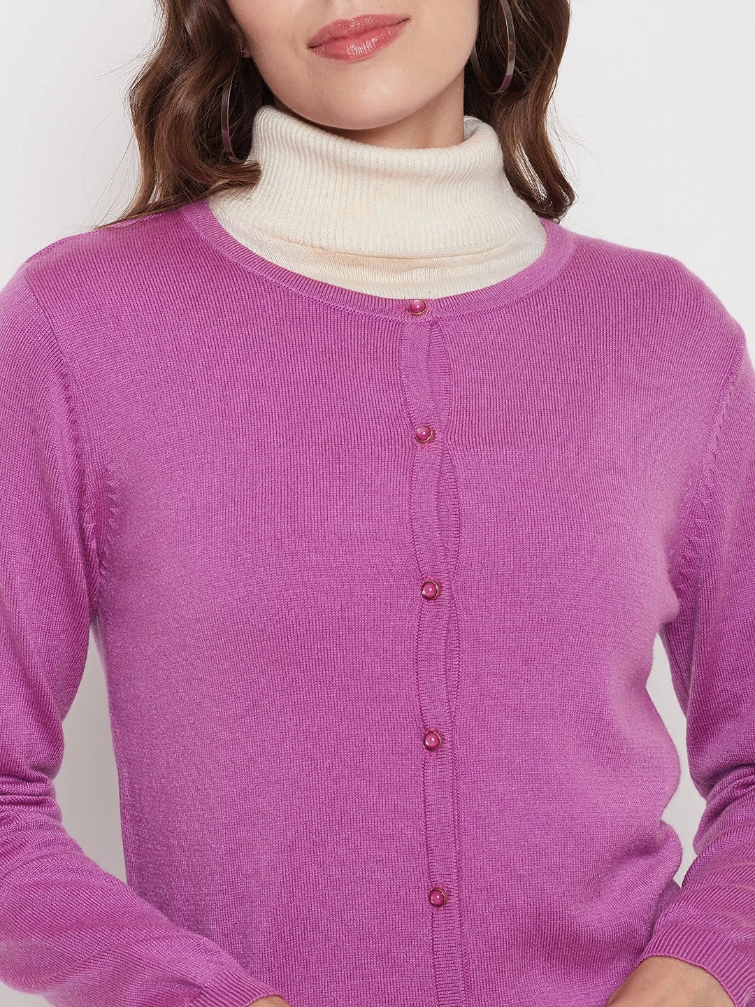 Madame Women Solid Mauve Cardigans ribbed texture
