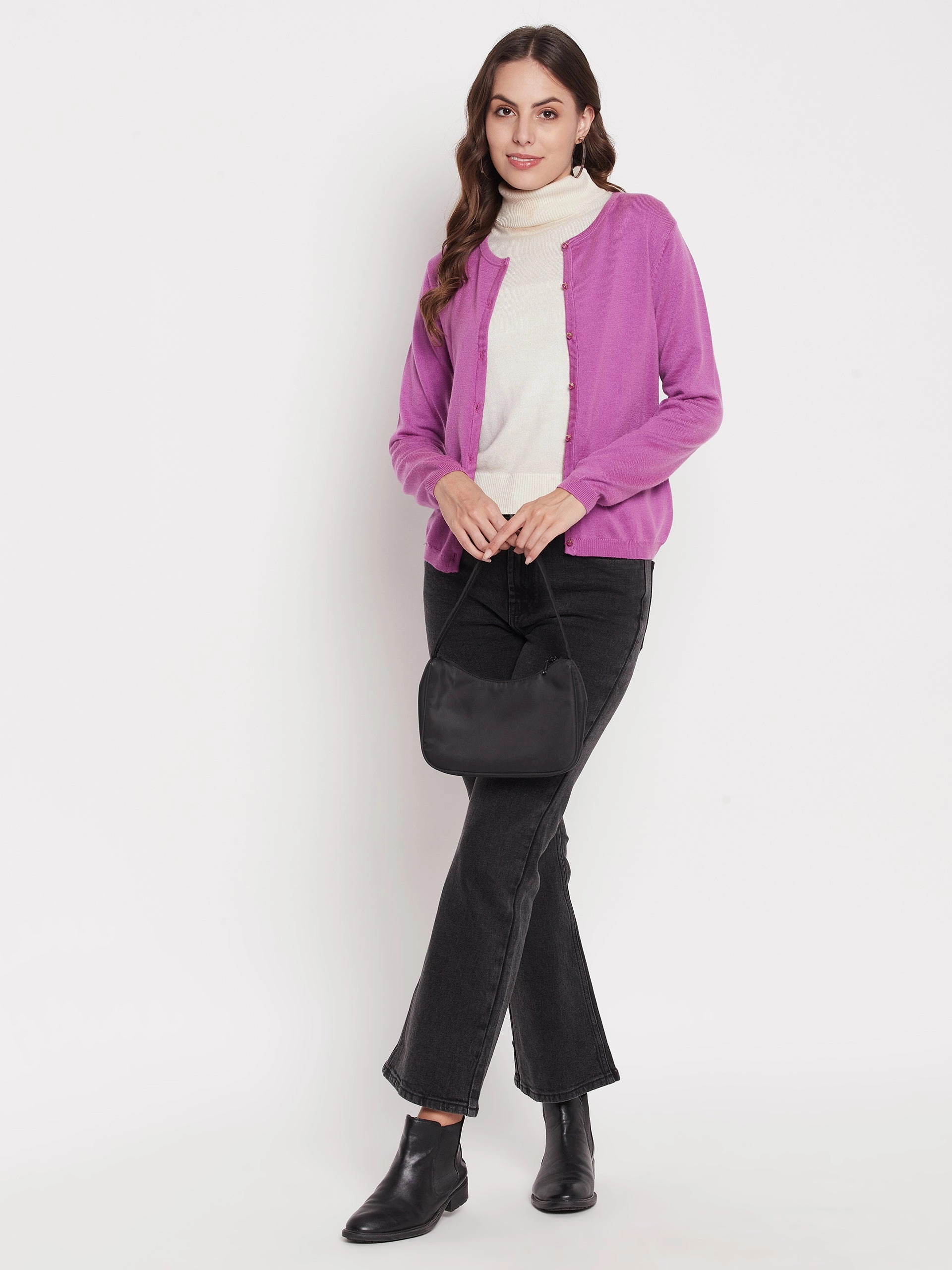 Madame Women Solid Mauve Cardigans FrictionResistant Fabric RecycledPolyester