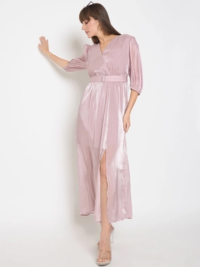 Perfect Style Wear Madame Wrinkled Lurex Self Design Belted Pink Maxi Dress
