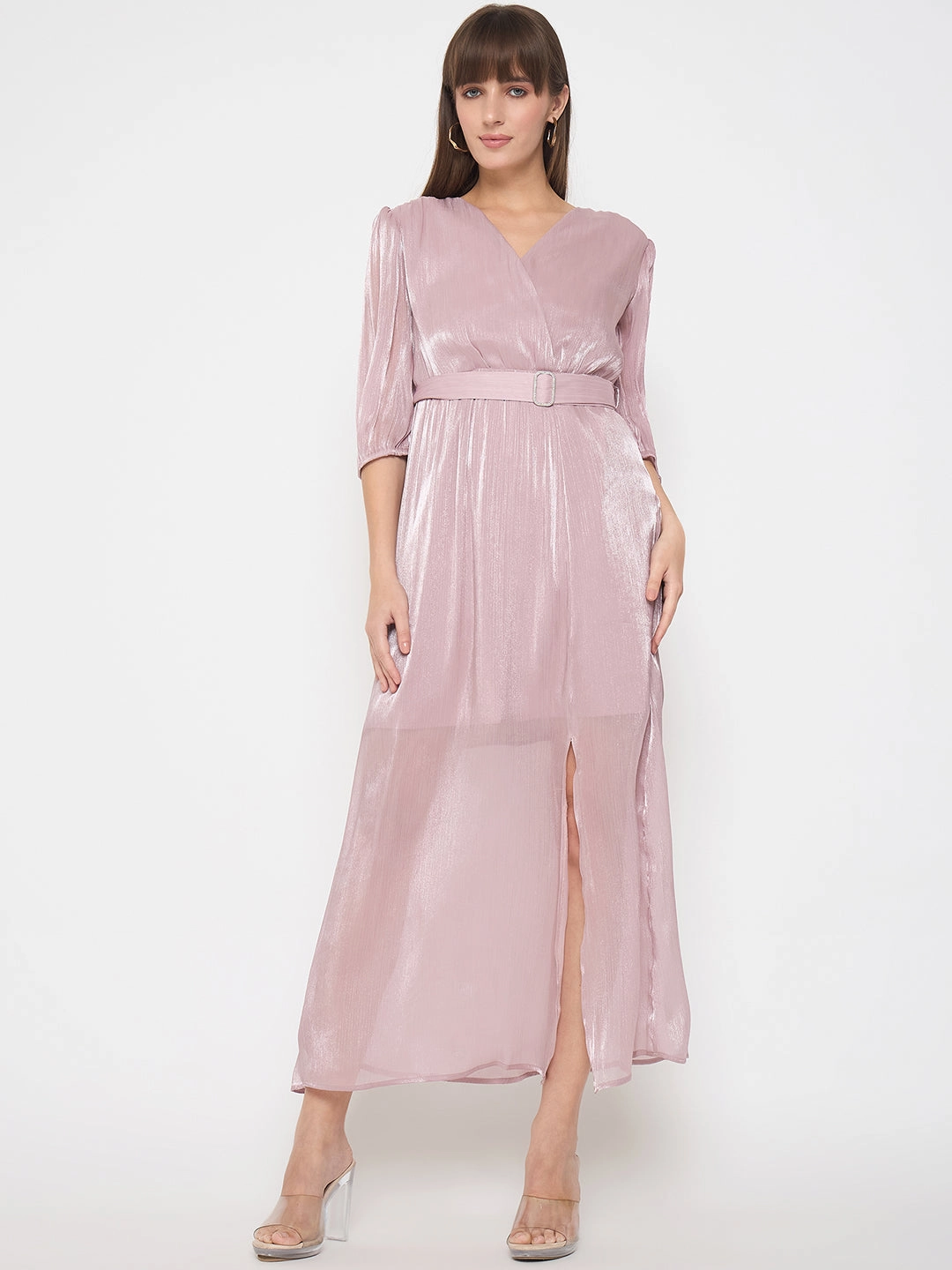 Stylish Design Linen Vibe Madame Wrinkled Lurex Self Design Belted Pink Maxi Dress