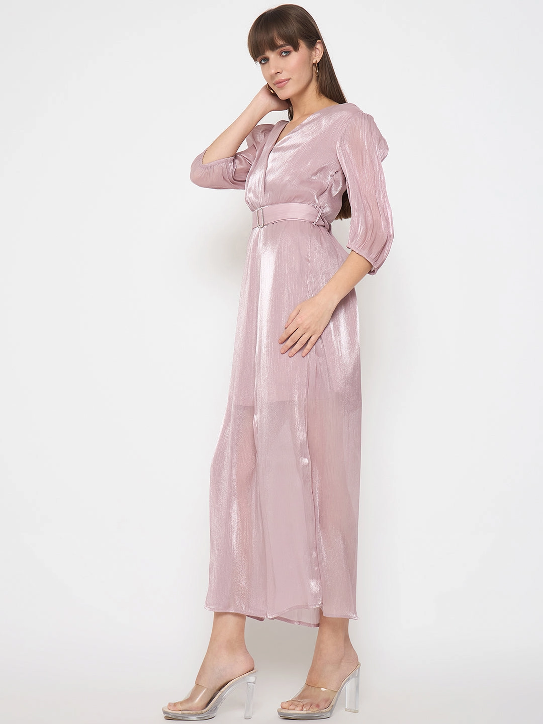 Madame Wrinkled Lurex Self Design Belted Pink Maxi Dress Perfect Design Maternity-Fit