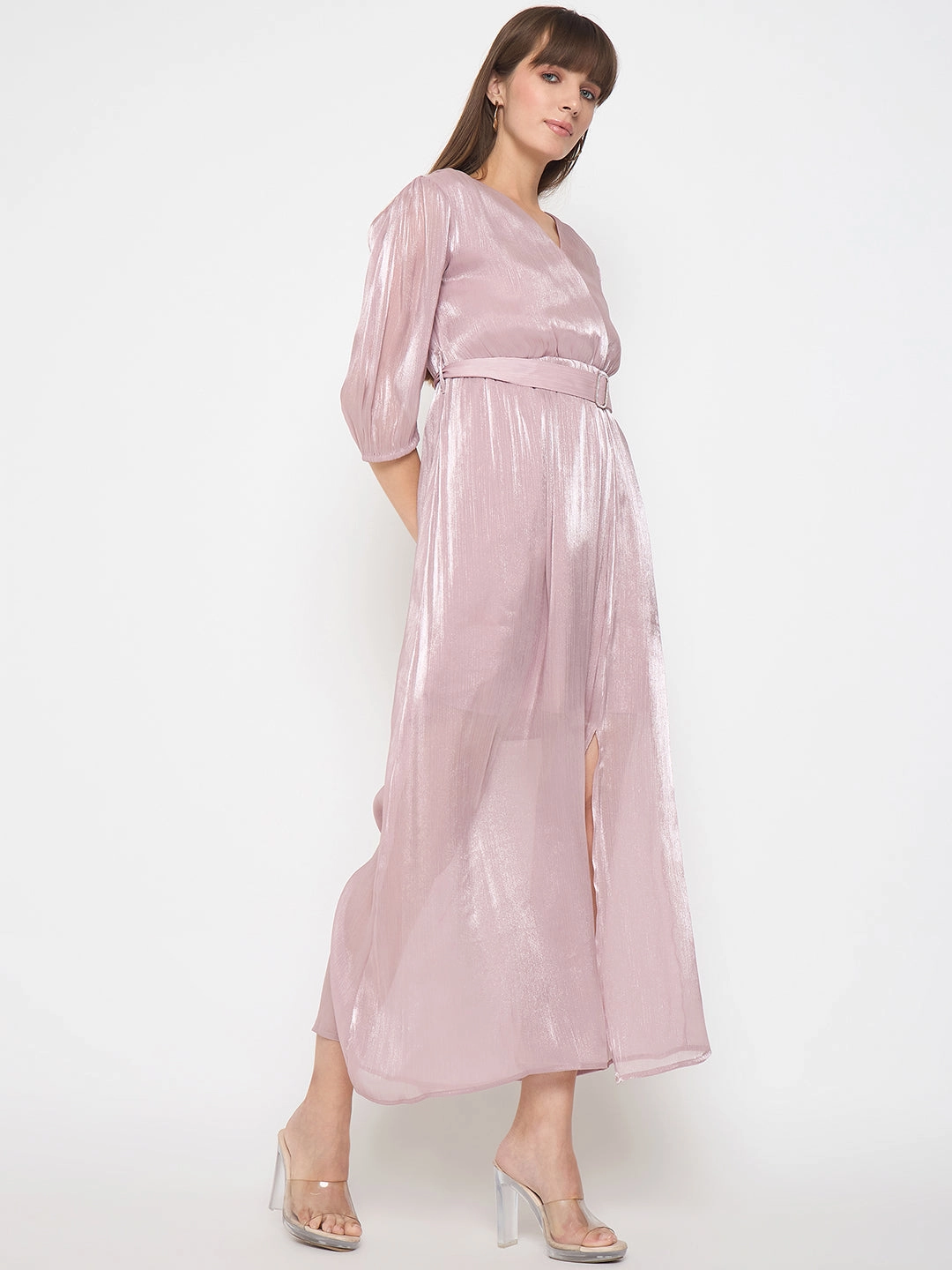 Minimalist feel Color-Blocked Madame Wrinkled Lurex Self Design Belted Pink Maxi Dress