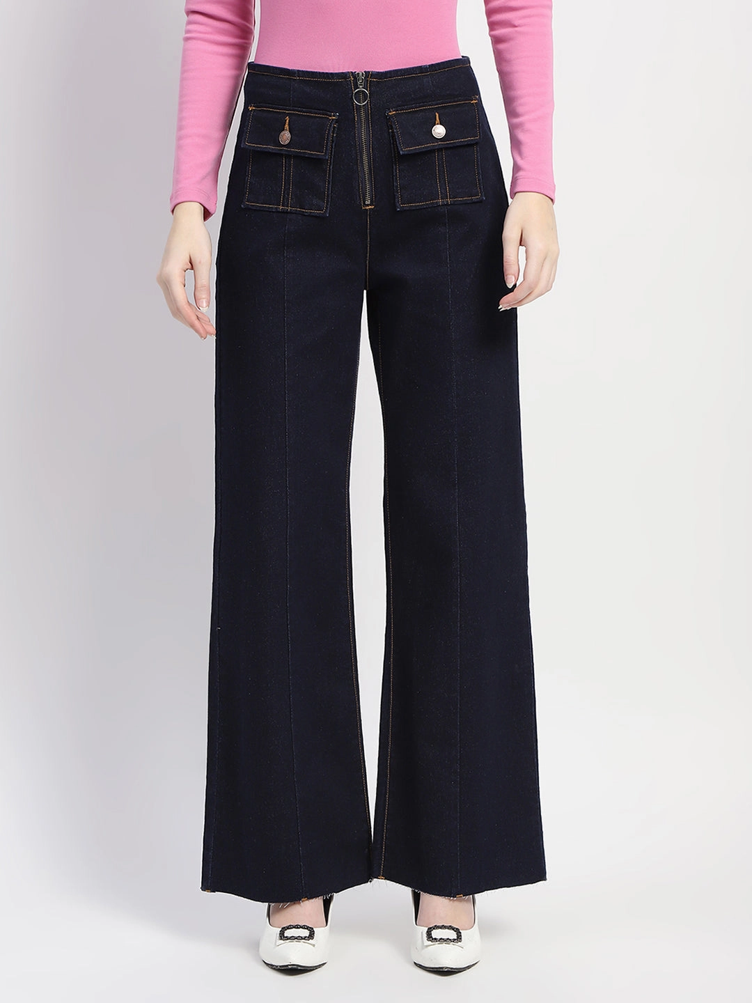 Active Touch Madame Zipped Flap Patch Flared Carbon Blue Denim