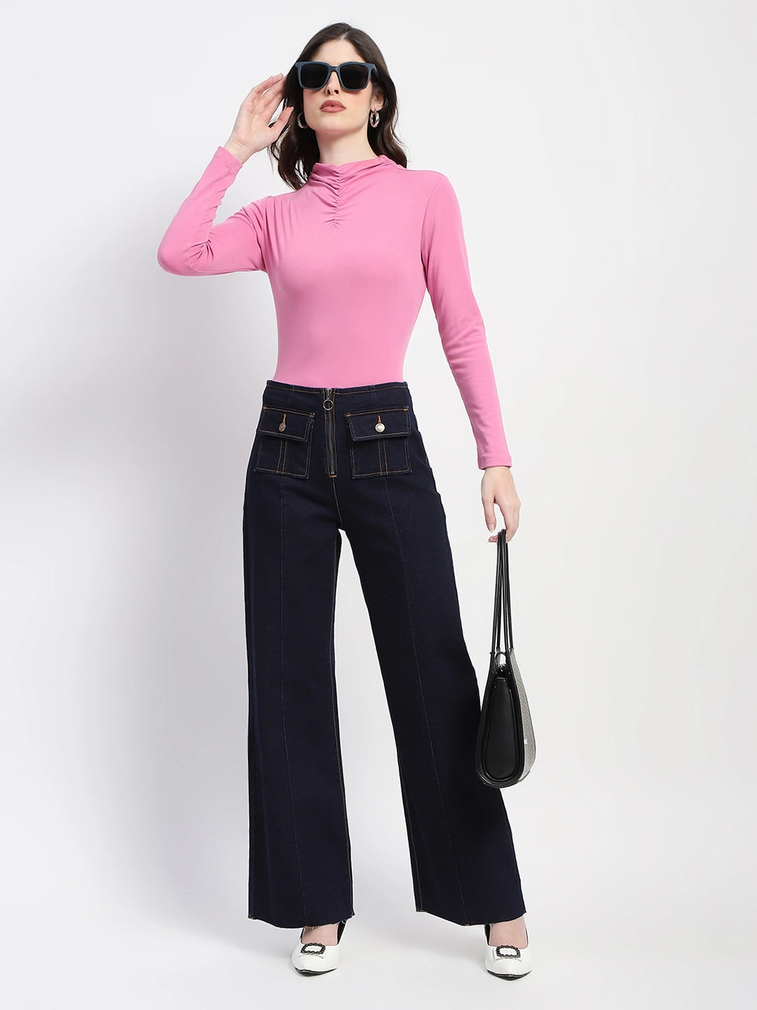 Madame Zipped Flap Patch Flared Carbon Blue Denim Stain Release Finish Durable Athlete Fit Travel Outfit
