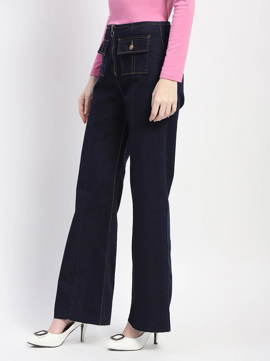 Evening Stroll Urban Explorer Madame Zipped Flap Patch Flared Carbon Blue Denim
