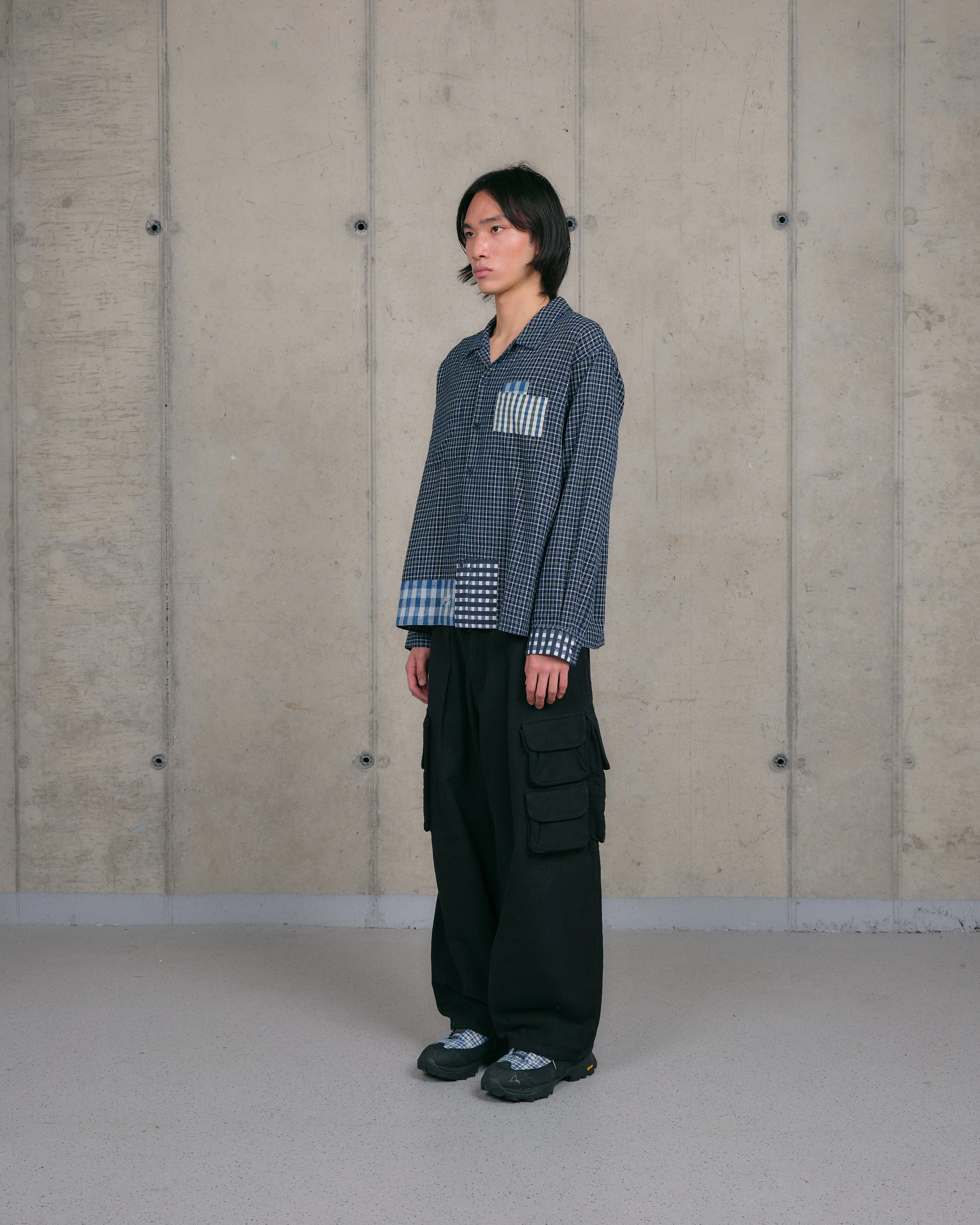PA Shirt LS - Indigo Picnic Handloom V-neck style