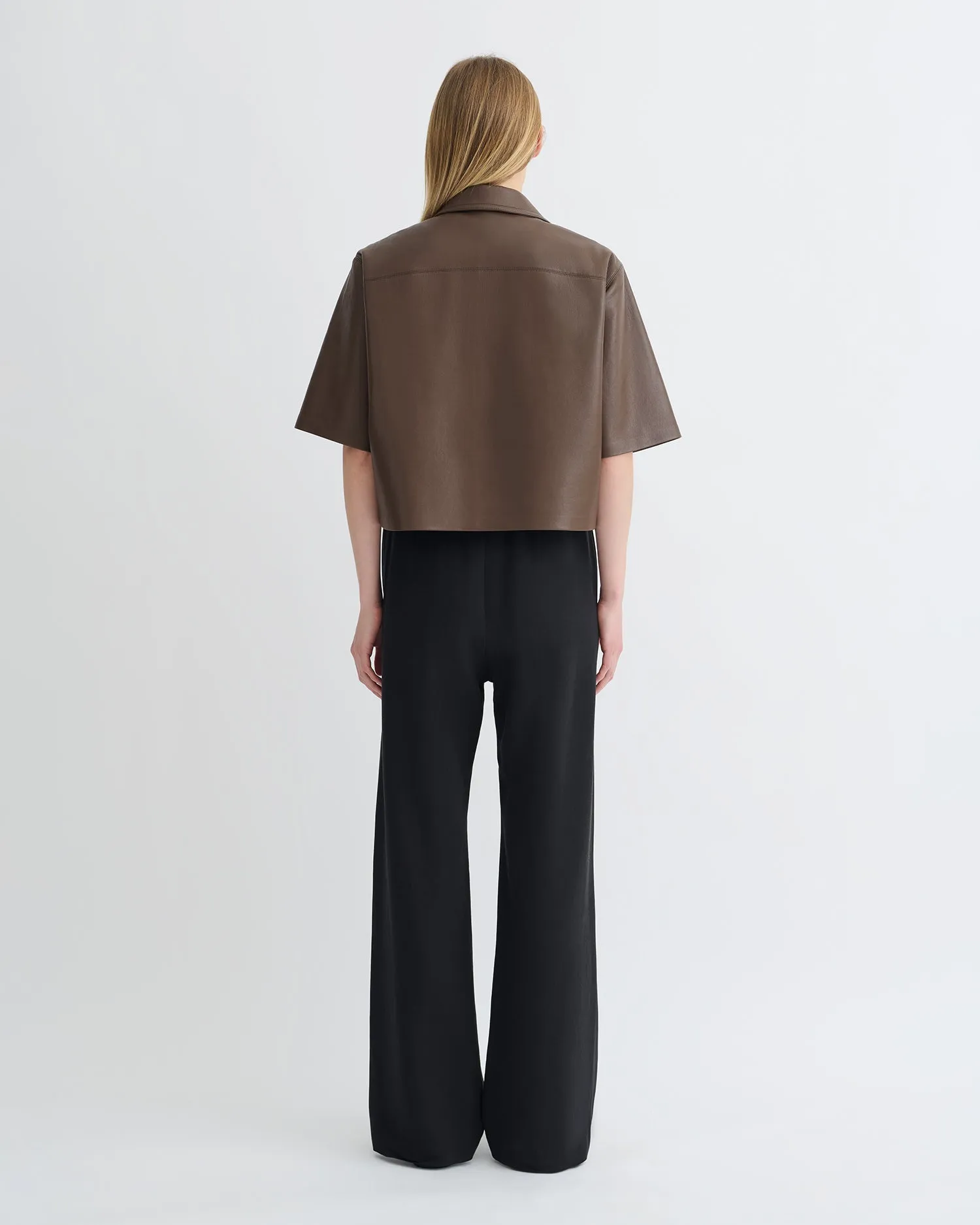 Maisie - Regenerated Leather Shirt - Chocolate Microfiber Blend Fabric
