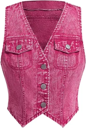 MakeMeChic Women's Denim Vest Button Down Asymmetrical Crop Top Sleeveless V Neck Y2K Jacket