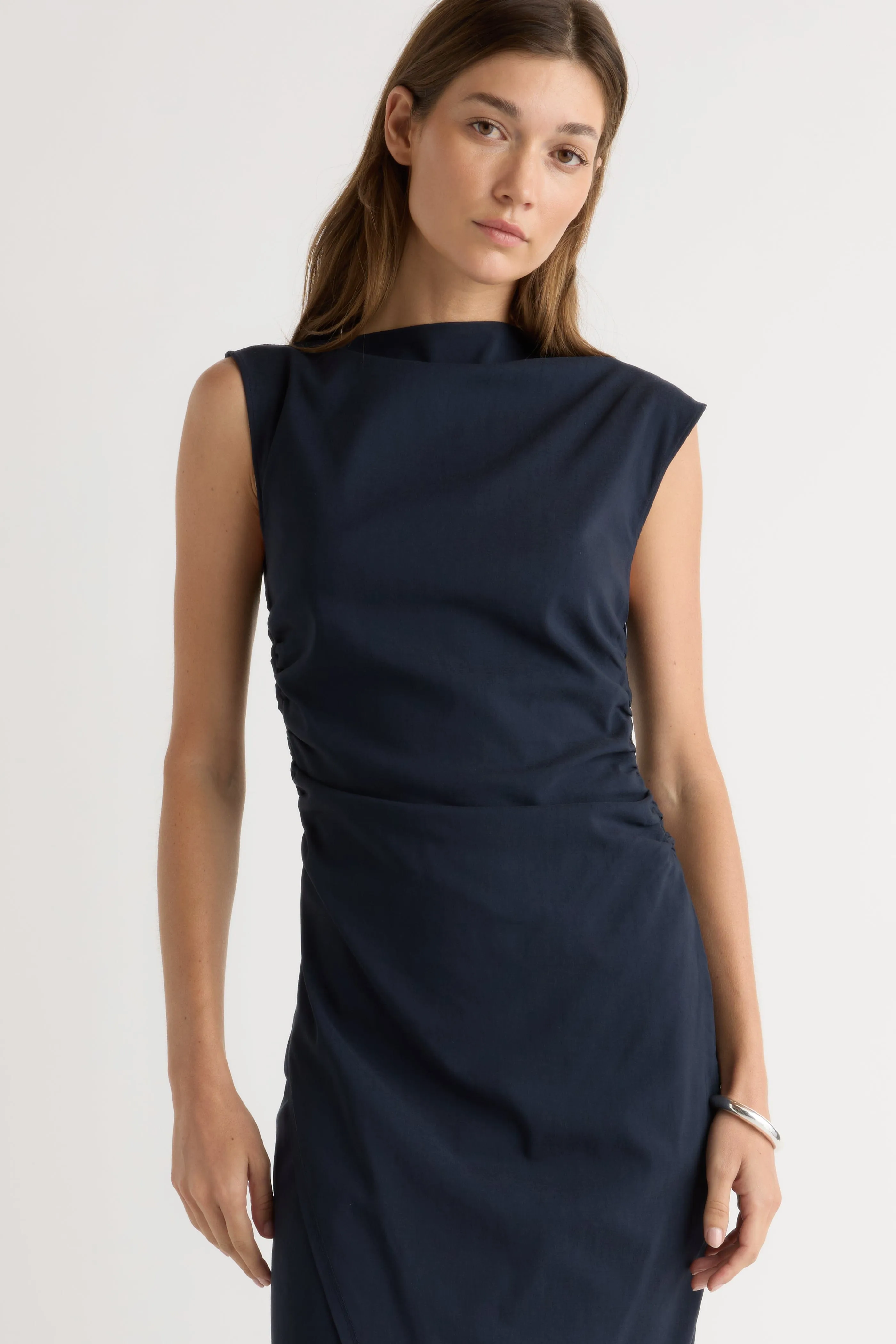 Manon Asymmetric-Neck Ruched Dress Non-Iron Vibe Choice
