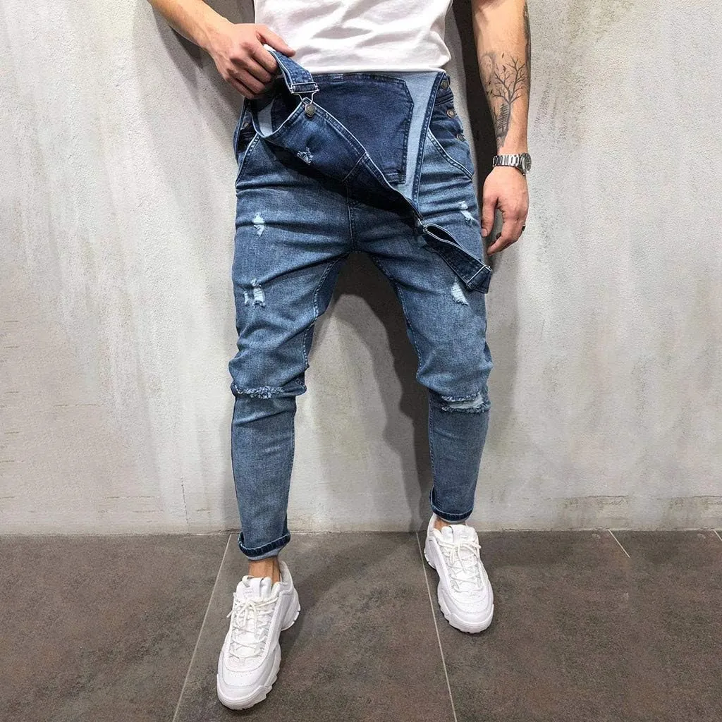 Maryia Mens Denim Bib Overalls Casual Distressed Relaxed Fit Jumpsuit Jeans