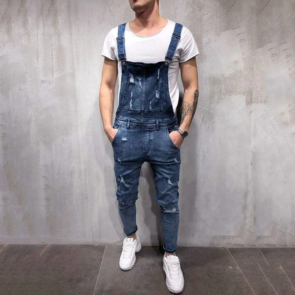 Maryia Mens Denim Bib Overalls Casual Distressed Relaxed Fit Jumpsuit Jeans