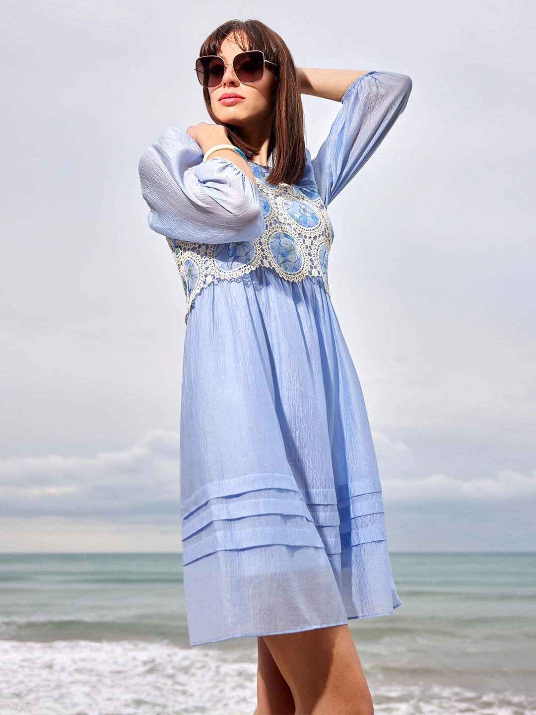 Work Ease Tailored Cut Madame Printed Powder Blue Tencel Blend Crochet Midi Dress