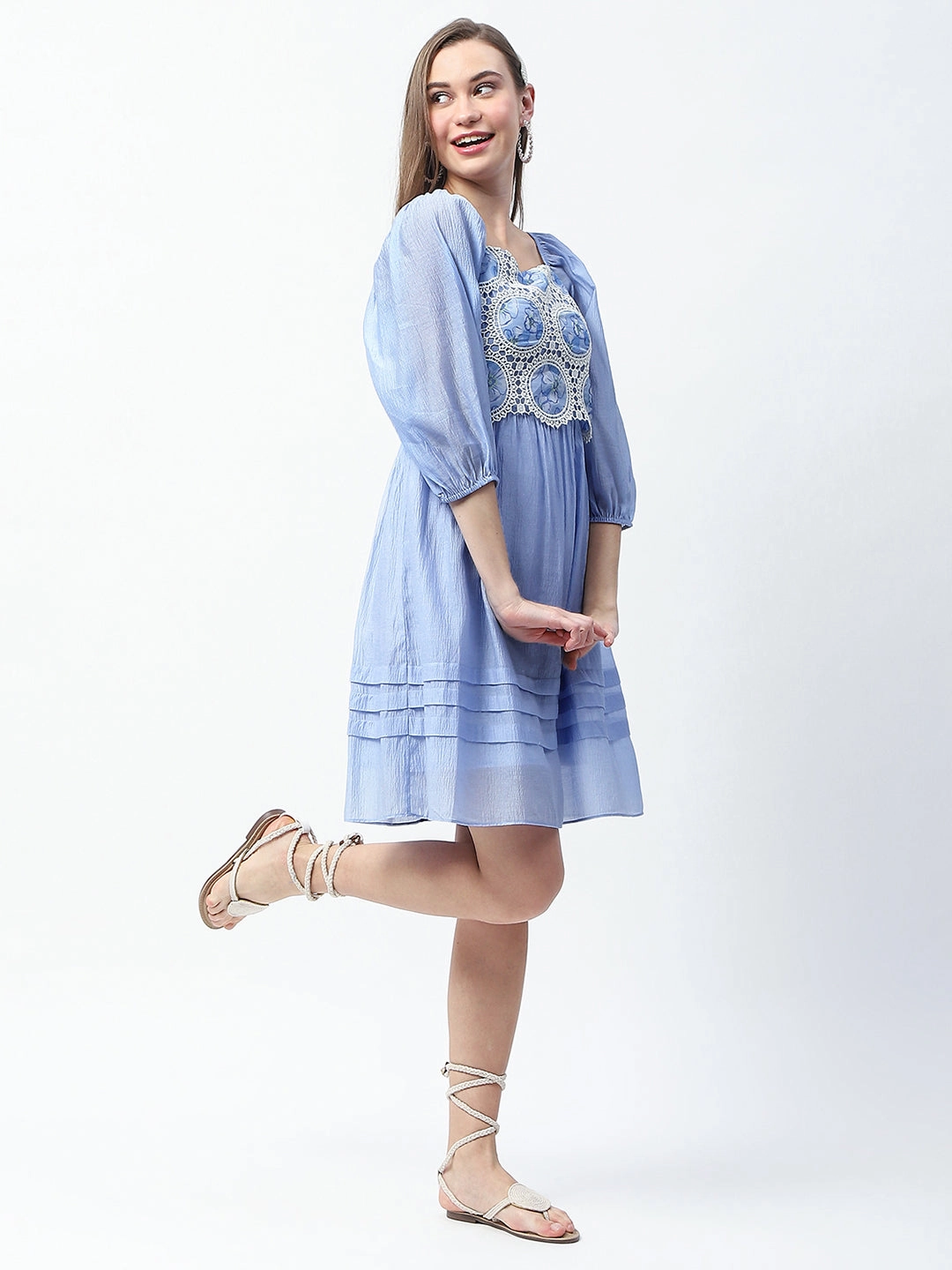 Madame Printed Powder Blue Tencel Blend Crochet Midi Dress Graceful Ease