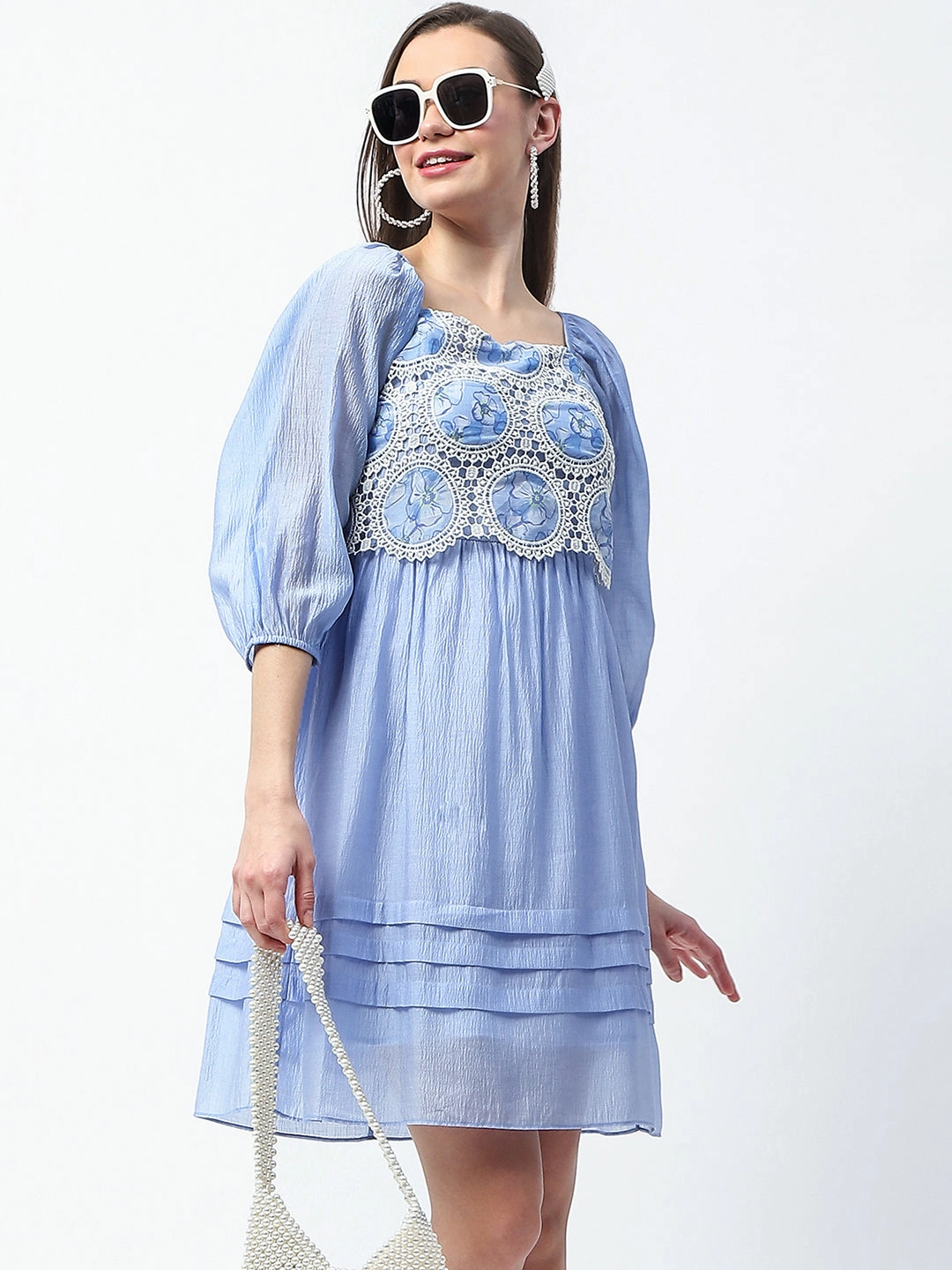 SoftTouchTexture Madame Printed Powder Blue Tencel Blend Crochet Midi Dress