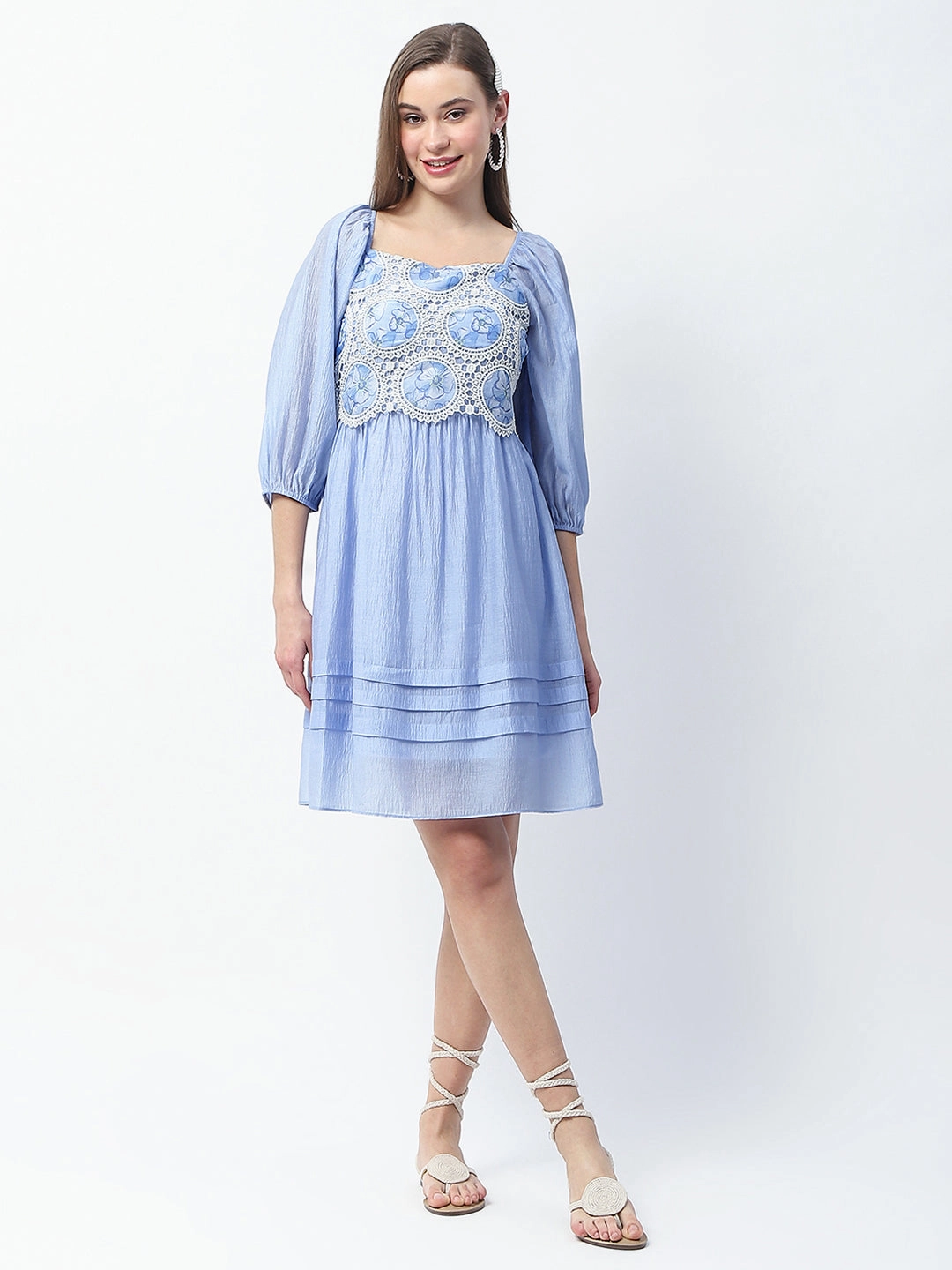 Madame Printed Powder Blue Tencel Blend Crochet Midi Dress Evening Event