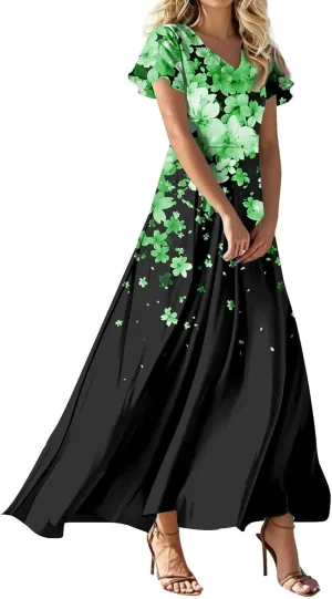 Maxi Dresses for Womem 2025 V Neck Boho Flowy Butterfly Sleeve Sundress High Waist Summer Floral Vacation Dress