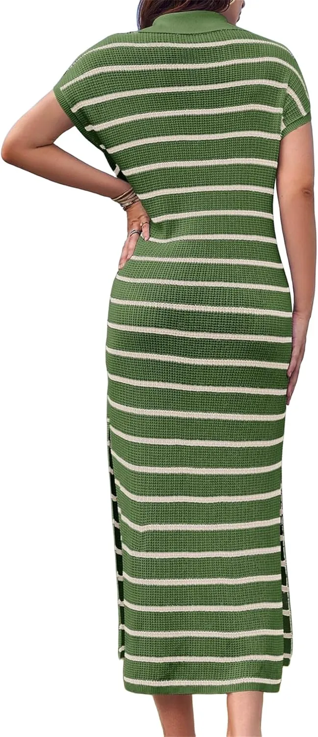 Maxi Dresses for Women 2025 Summer Striped Sweater Dress Casual Short Sleeve V Neck Loose Knitted Side Slit Long Dresses