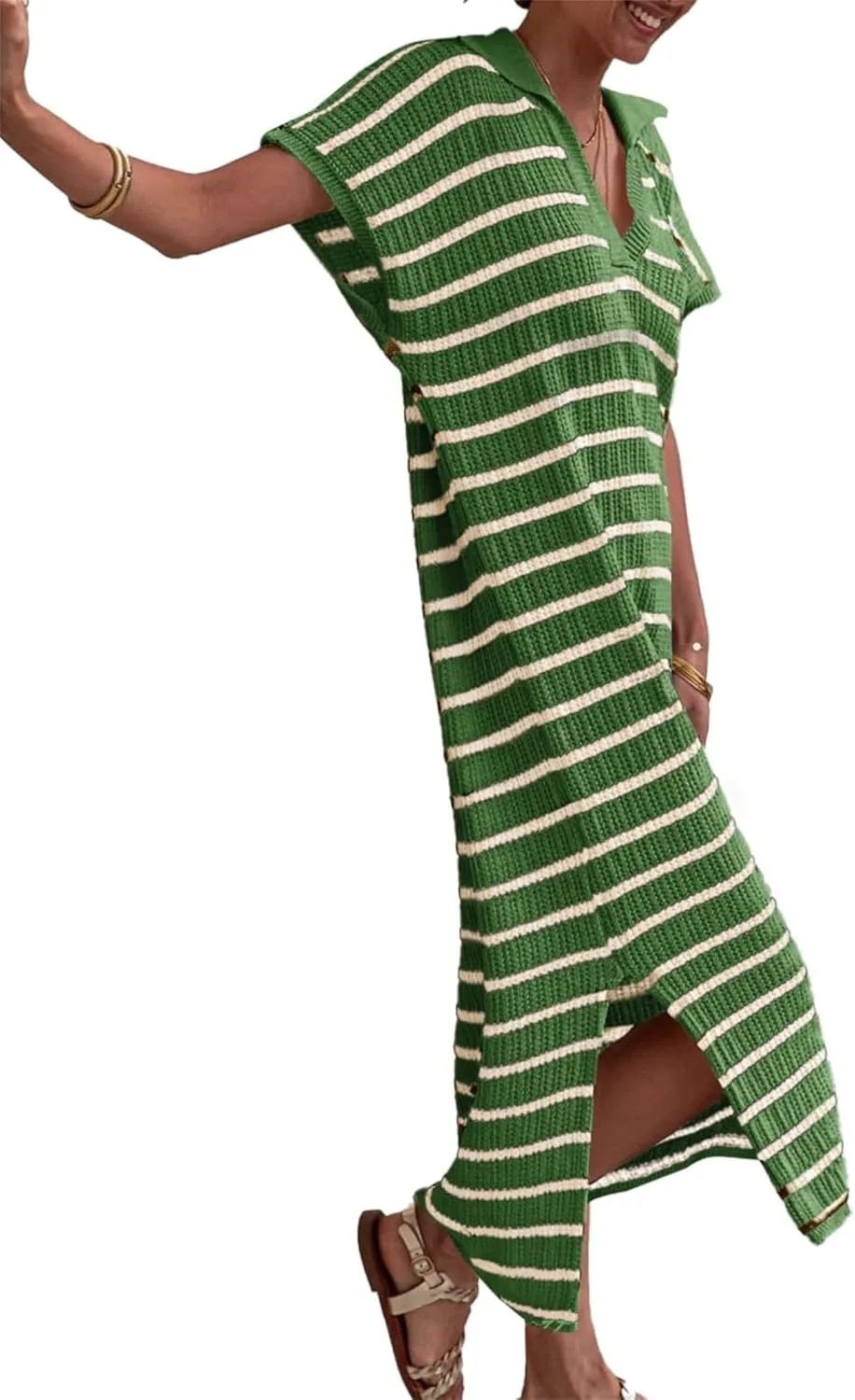 Maxi Dresses for Women 2025 Summer Striped Sweater Dress Casual Short Sleeve V Neck Loose Knitted Side Slit Long Dresses