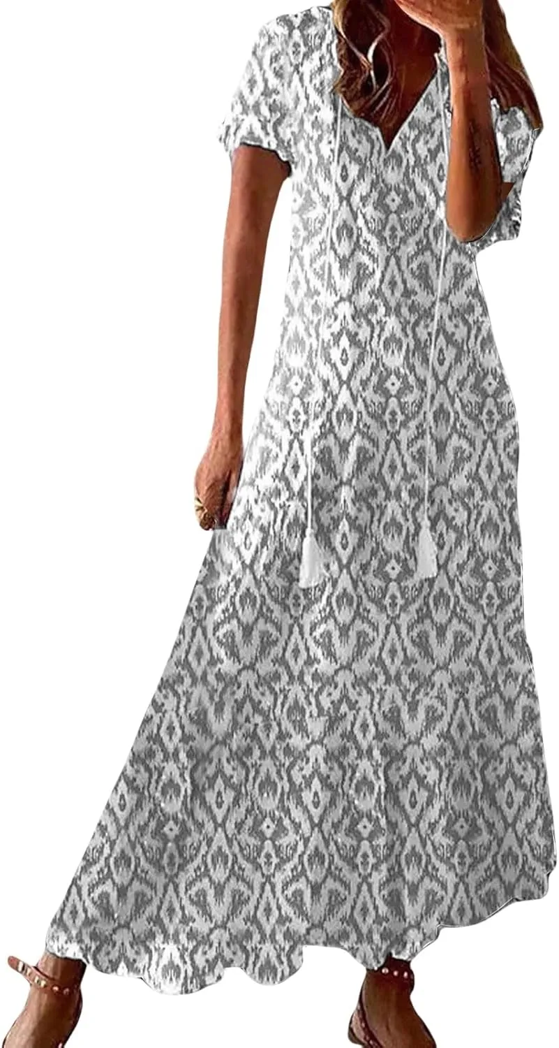 Maxi Dresses for Women 2025 V Neck Boho Floral Print Maxi Dresses Elegant Short Sleeve Beach Long Dress with Curved Hem