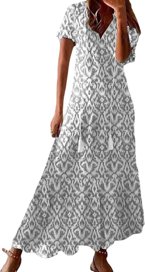 Maxi Dresses for Women 2025 V Neck Boho Floral Print Maxi Dresses Elegant Short Sleeve Beach Long Dress with Curved Hem