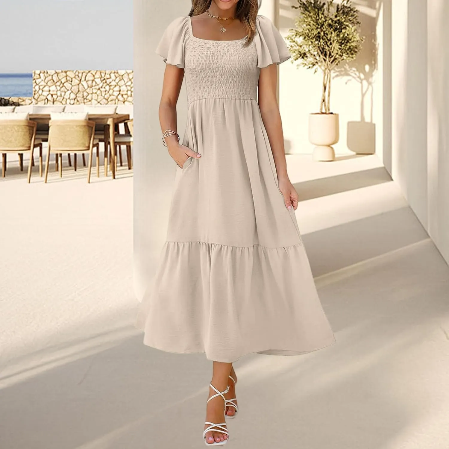 Maxi Dresses for Women Casual Square Neck Ruffle Short Sleeve Long Dress Fashion Smocked Elastic Waist Tiered Dress