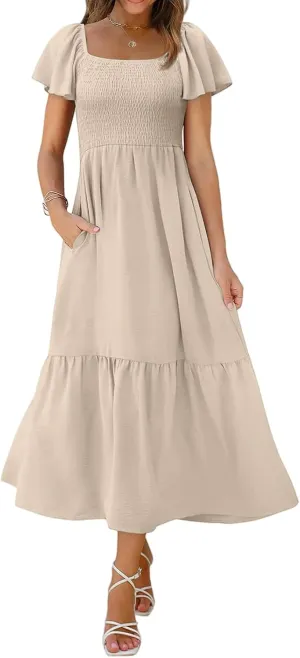 Maxi Dresses for Women Casual Square Neck Ruffle Short Sleeve Long Dress Fashion Smocked Elastic Waist Tiered Dress