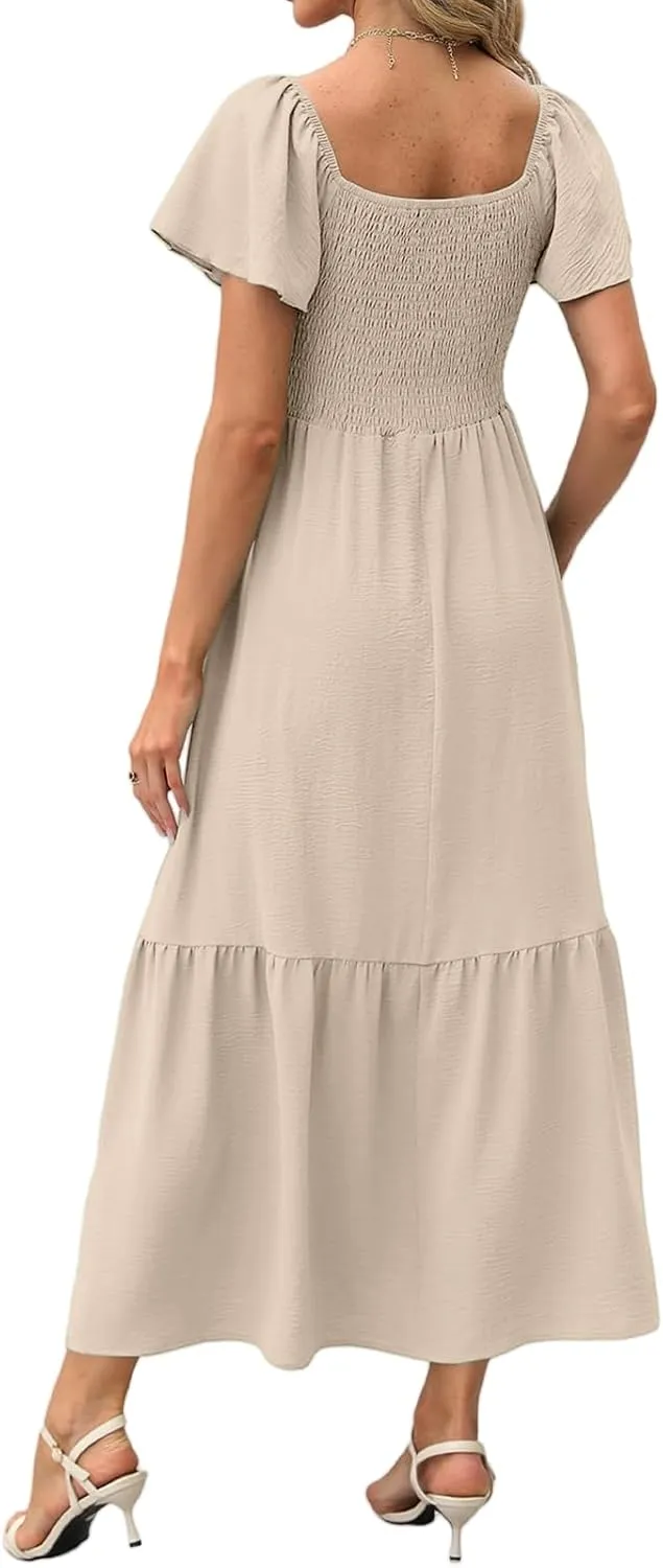 Maxi Dresses for Women Casual Square Neck Ruffle Short Sleeve Long Dress Fashion Smocked Elastic Waist Tiered Dress