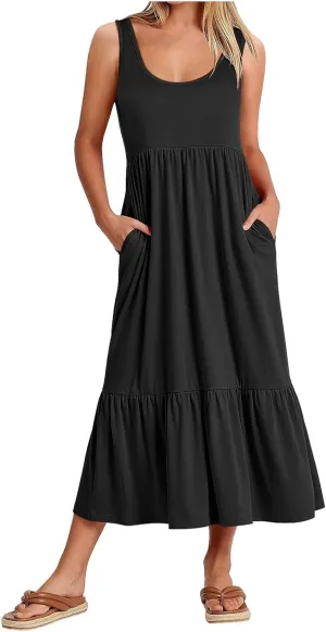 Maxi Dresses for Women Summer Tiered Tank Long Dresses Casual Sleeveless Crewneck Sundress Beach Travel Vacation Outfits