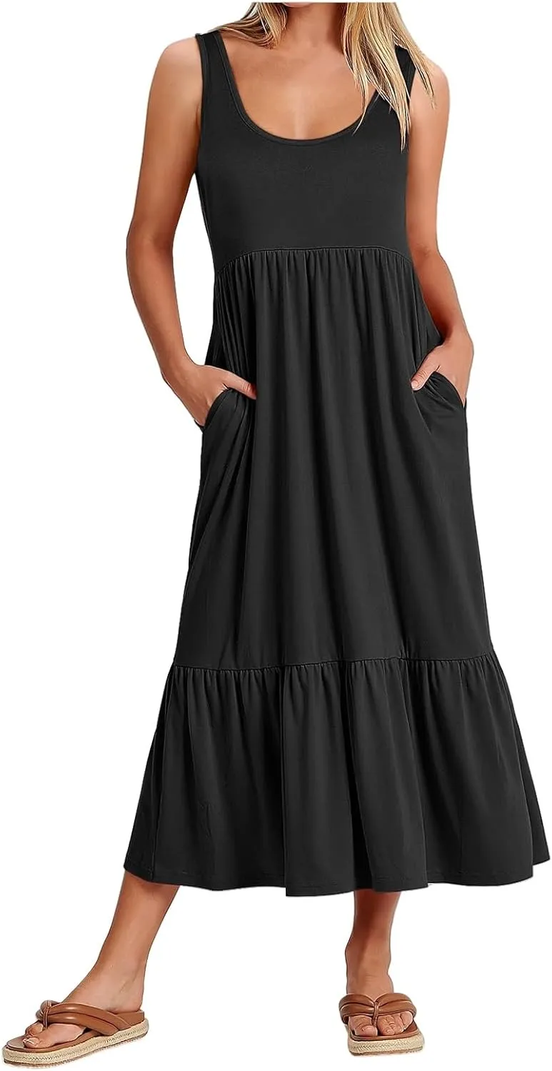 Maxi Dresses for Women Summer Tiered Tank Long Dresses Casual Sleeveless Crewneck Sundress Beach Travel Vacation Outfits