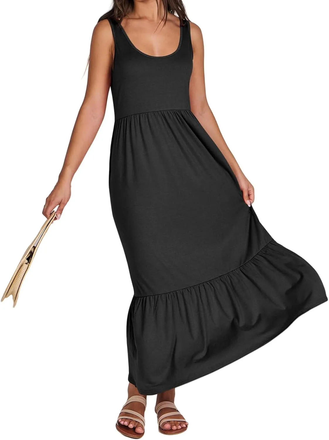 Maxi Dresses for Women Summer Tiered Tank Long Dresses Casual Sleeveless Crewneck Sundress Beach Travel Vacation Outfits