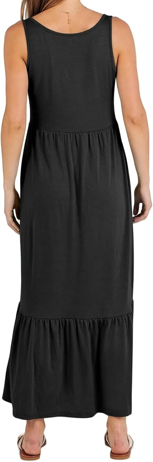 Maxi Dresses for Women Summer Tiered Tank Long Dresses Casual Sleeveless Crewneck Sundress Beach Travel Vacation Outfits