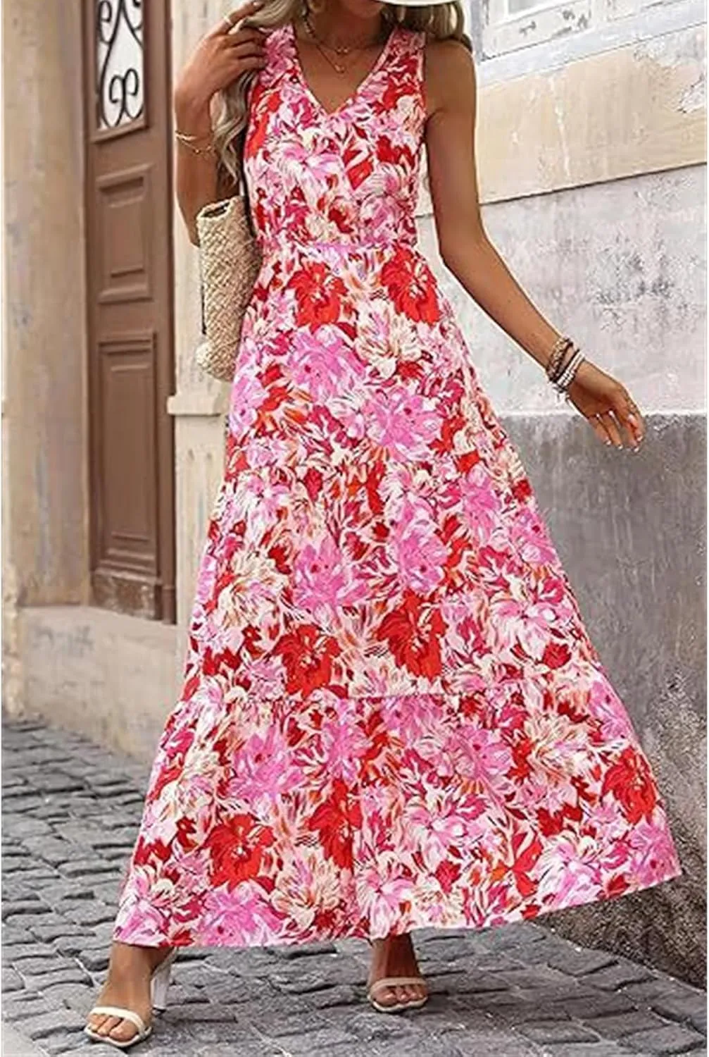 Maxi Dresses for Women V Neck Sleeveless Floral Long Dresses Trendy Flowy Boho Sundress Empire Waist Wedding Guest Dress