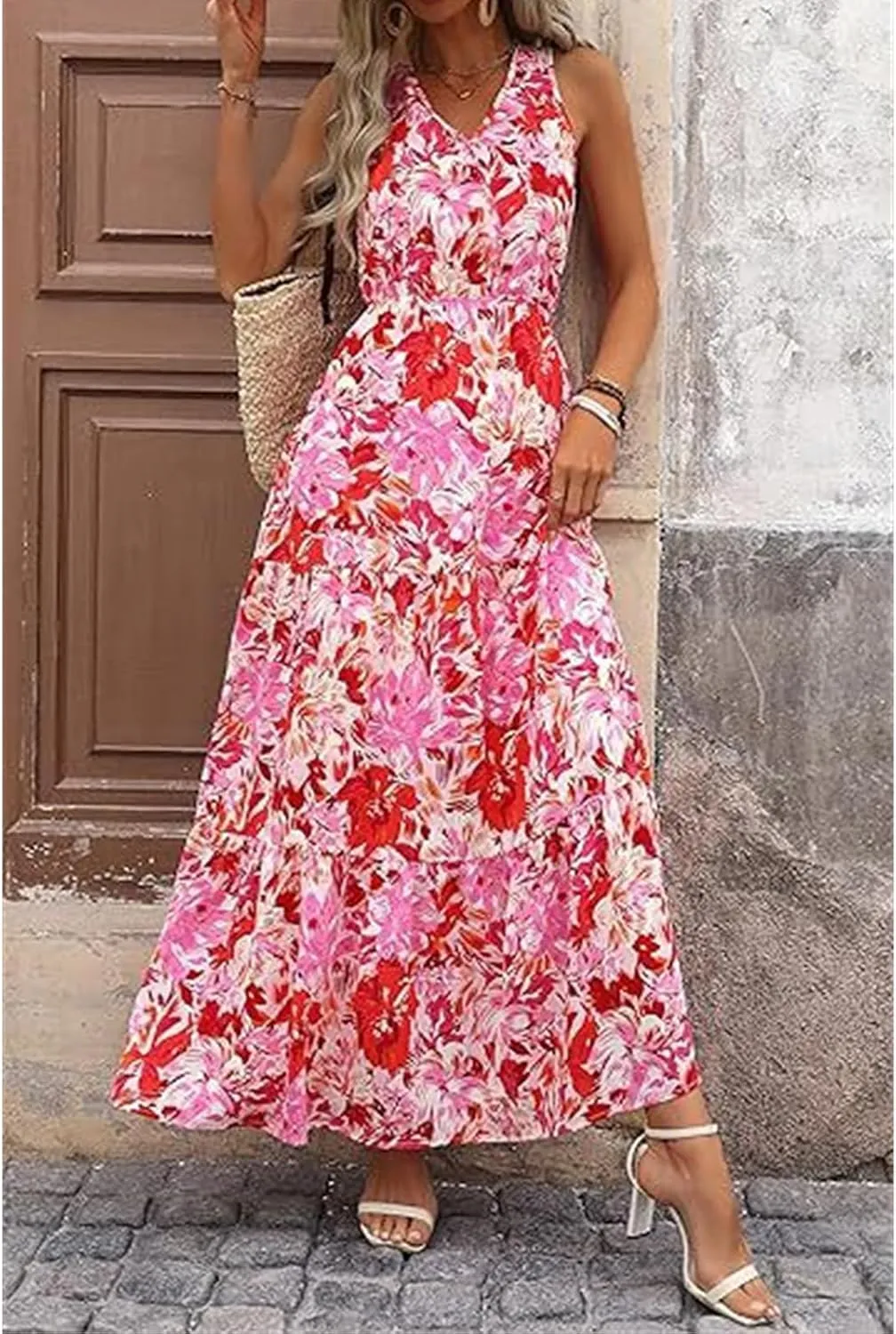 Maxi Dresses for Women V Neck Sleeveless Floral Long Dresses Trendy Flowy Boho Sundress Empire Waist Wedding Guest Dress