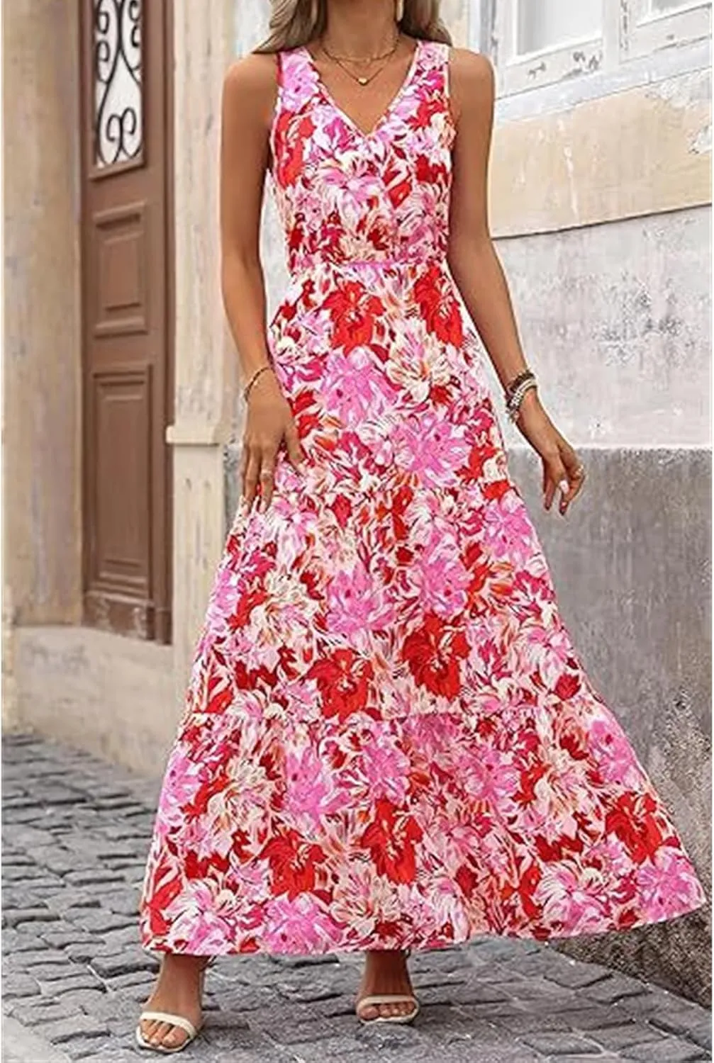Maxi Dresses for Women V Neck Sleeveless Floral Long Dresses Trendy Flowy Boho Sundress Empire Waist Wedding Guest Dress