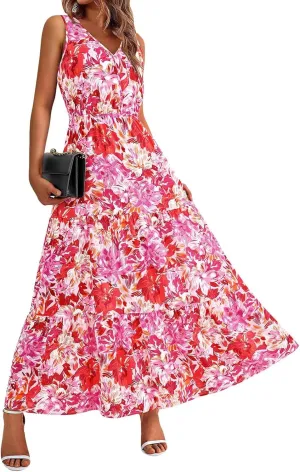 Maxi Dresses for Women V Neck Sleeveless Floral Long Dresses Trendy Flowy Boho Sundress Empire Waist Wedding Guest Dress