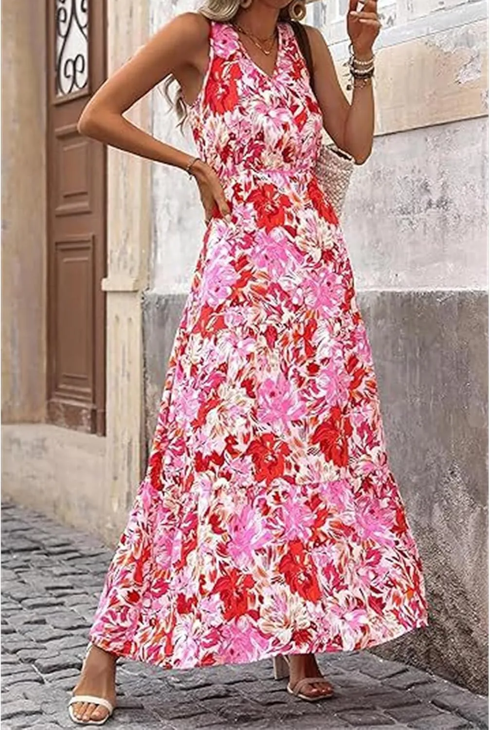 Maxi Dresses for Women V Neck Sleeveless Floral Long Dresses Trendy Flowy Boho Sundress Empire Waist Wedding Guest Dress