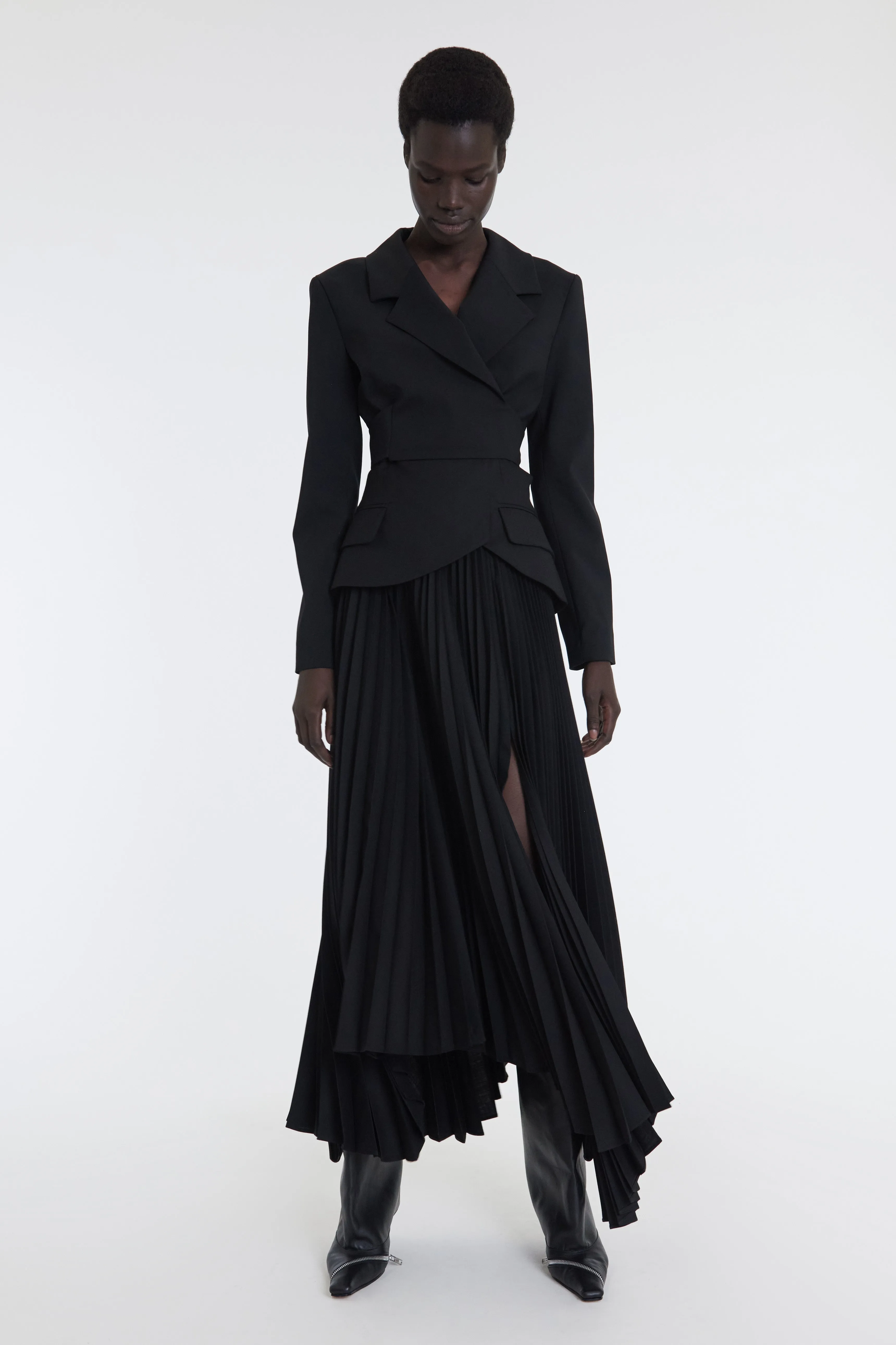 Maxi Pleated Asymmetric Skirt With Basque Detail Black Urban Style Outfit Diary