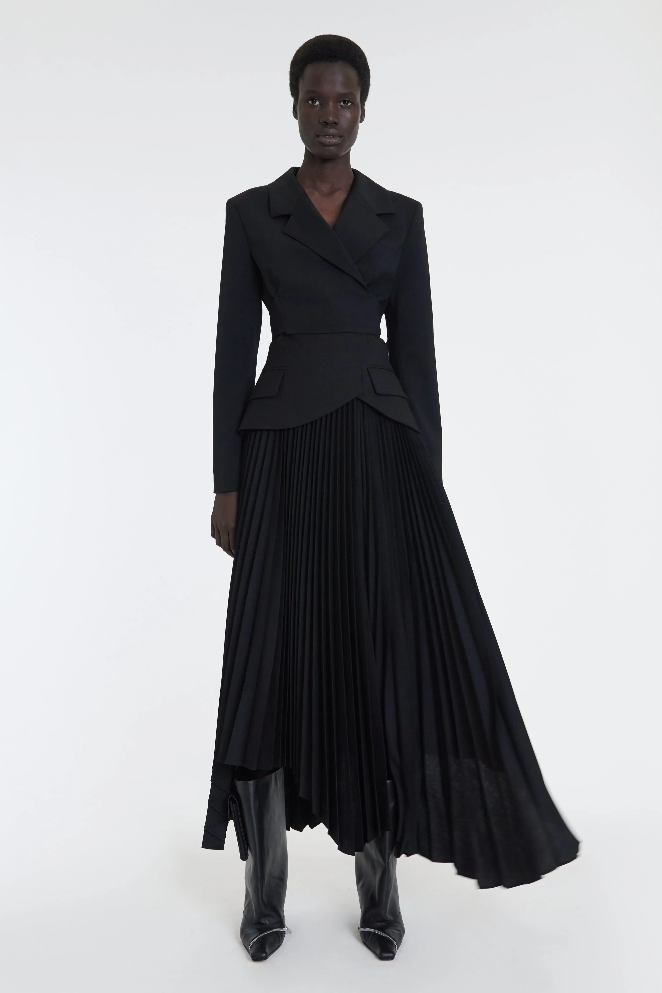 Maxi Pleated Asymmetric Skirt With Basque Detail Black Collector??s Item