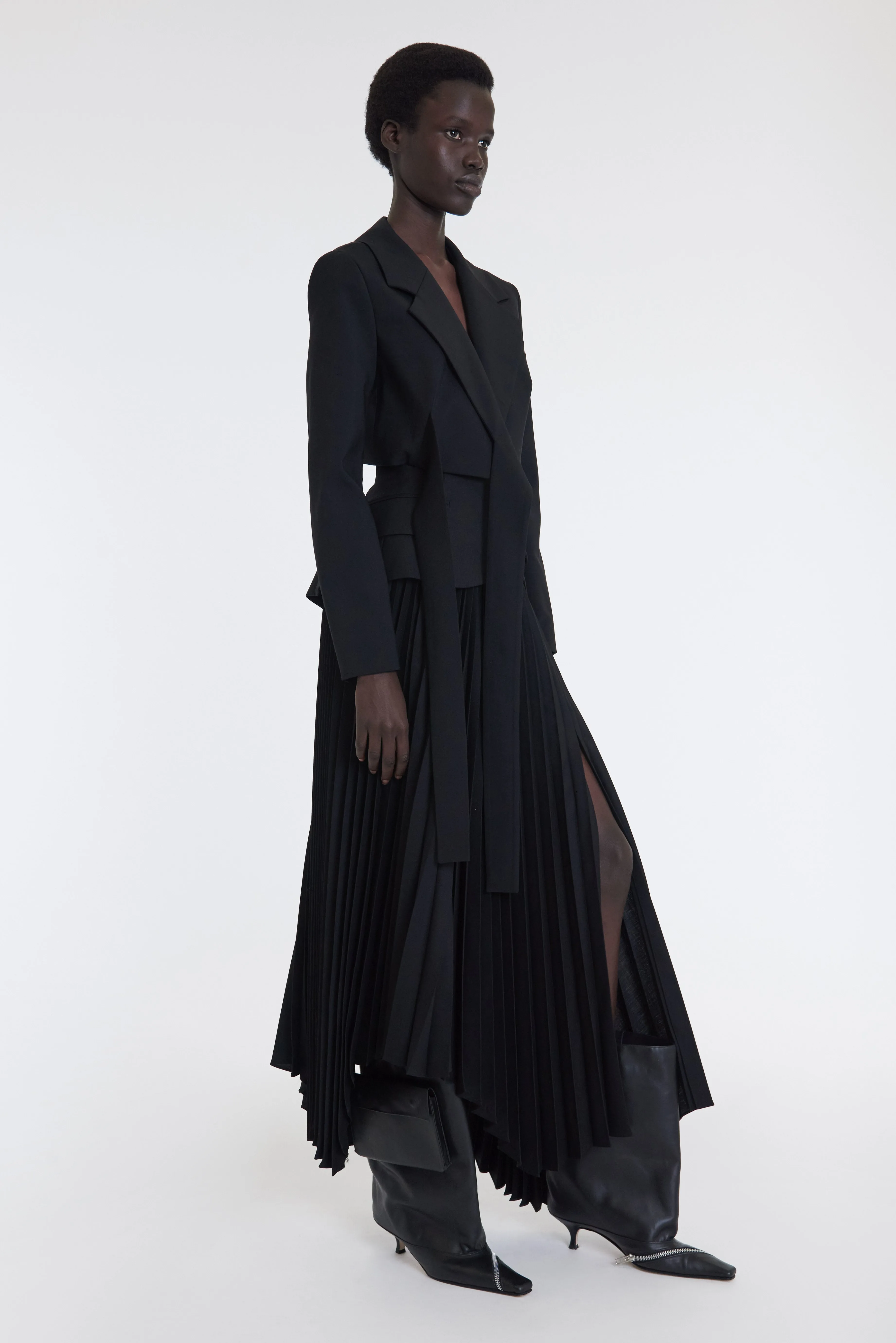 Maxi Pleated Asymmetric Skirt With Basque Detail Black Vibe Ready