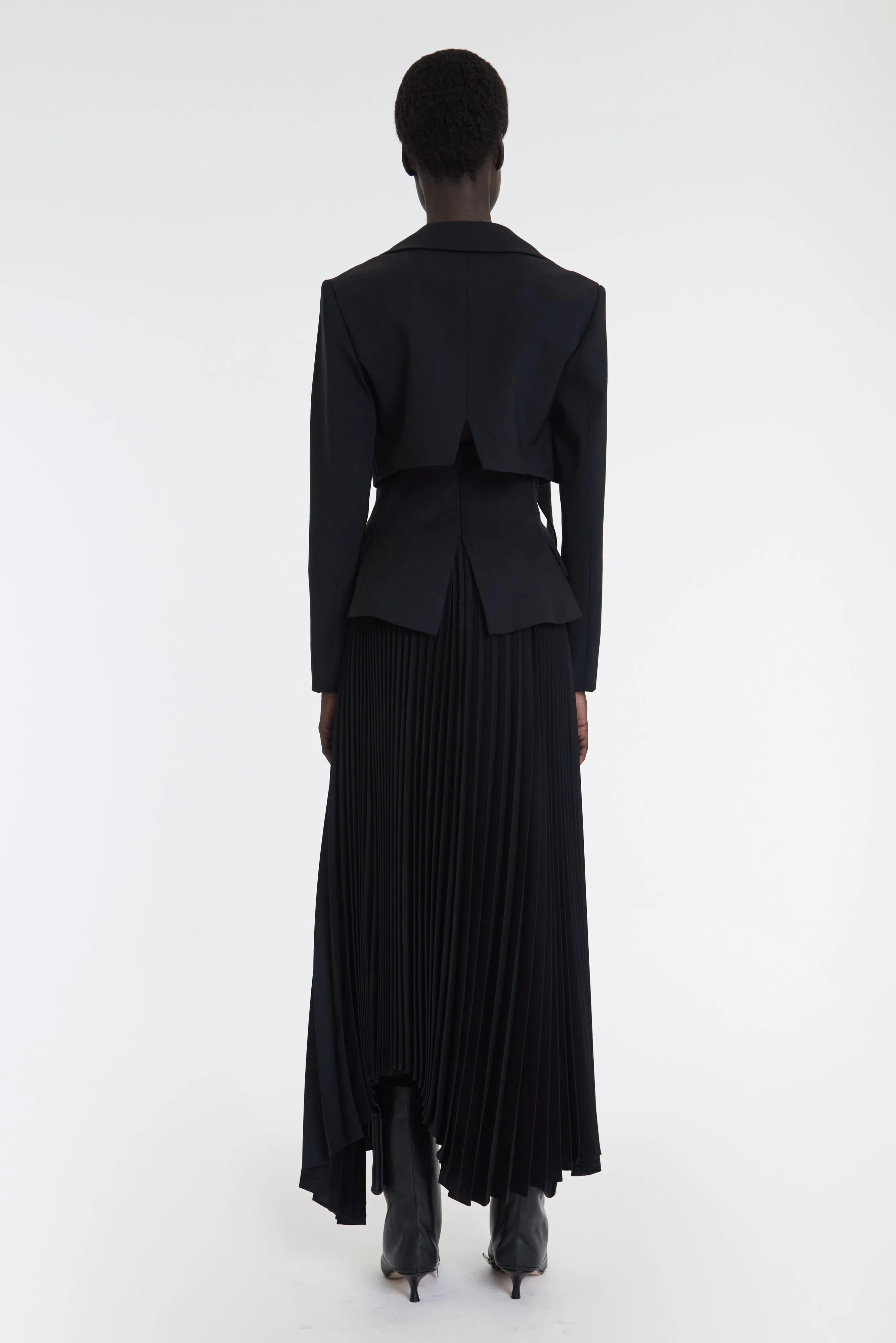 Maxi Pleated Asymmetric Skirt With Basque Detail Black Structured silhouette Clean Cut